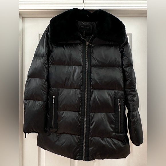 BCBGMaxazria Down Bustle Winter Puffer Coat Faux Fur Feather Black sz Medium - Picture 10 of 15